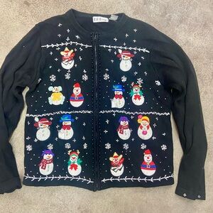 B.P. Design Festive Holiday Snowman Black Zip Up Cardigan Size L